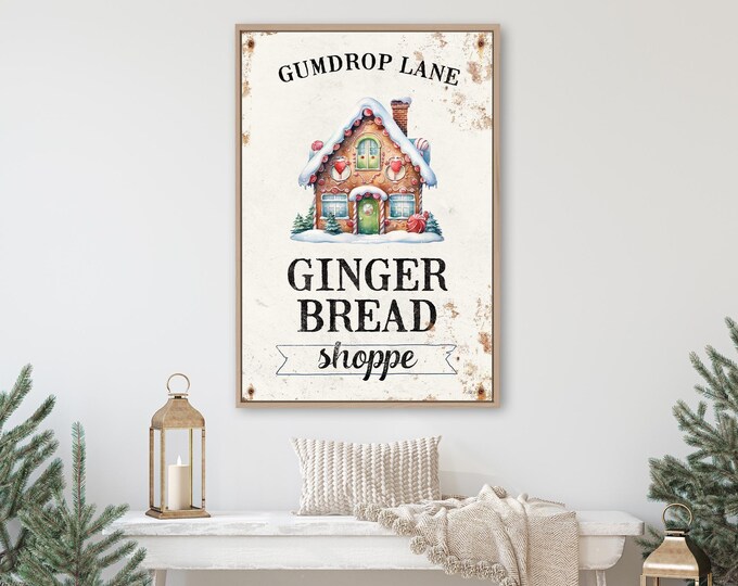Tall Gumdrop Lane Gingerbread Print in Barn Red and Forest Green on Distressed Cream
