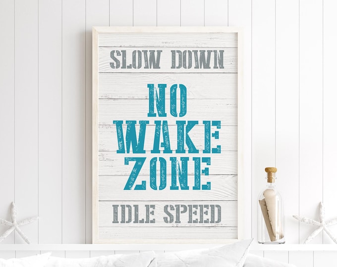 No Wake Zone Sign, Retro Harbor Signs, Nautical Signs, Distressed Faux White Shiplap Decor, Vintage Lakehouse Wall Art, Coastal Gift