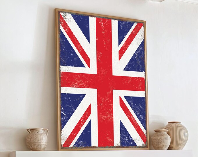 Vintage British Flag Poster, Distressed UK Flag Sign, Rustic Flag Prints, Rusted Edge, Framed UK Flag Poster, Gift for Brit, Pub Wall Decor