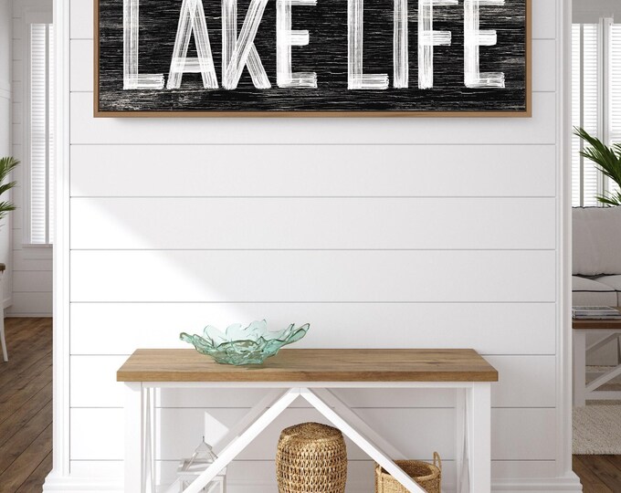 Lake Life Wall Art, Lake House Decor, Farmhouse Lake Decor, Vintage Lake Print, Faux Weathered Wood, Rustic Home Accent, Long Skinny Design