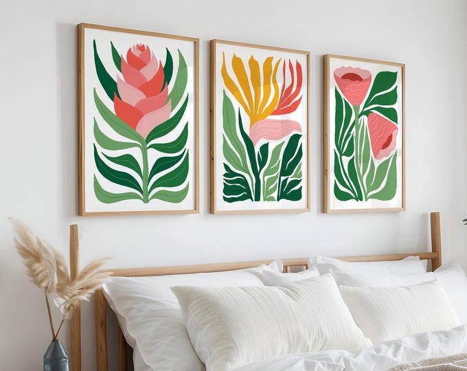 Tropical Wall Art Triptych, Pink Bird of Paradise Protea Canvas Set, Green Leaf Decor