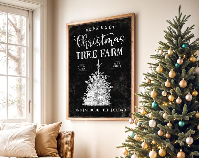 Vintage Tree Farm Christmas Sign, Rustic Wood (Canvas or Paper Print)