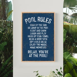 Pool Rules Sign, Weathered White Lettering On Navy, Vacation Home Nautical Gift