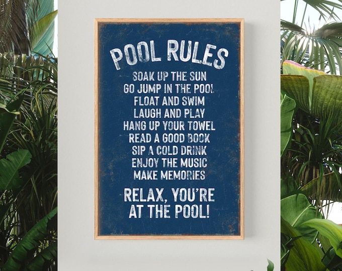 Pool Rules Sign, Weathered White Lettering On Navy, Vacation Home Nautical Gift
