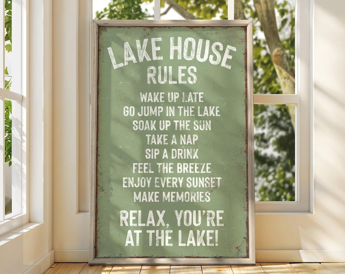 Lake House Rules Sign in Seagrass, Vintage Lake House Decor, Retro Lake Print, Green Lake Poster, Lake Gift for Her, Green Lake Wall Art