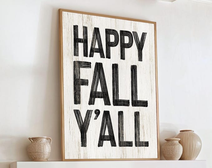 Autumn Print, Happy Fall Yall Cream Sign, Black Wall Art