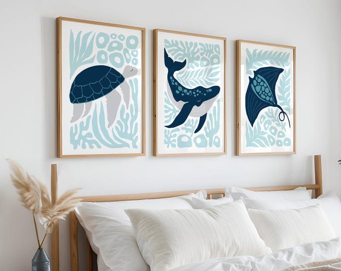 Ocean Triptych Wall Art, Navy Sea Turtle Block Print, Ice Blue Coastal Set of 3