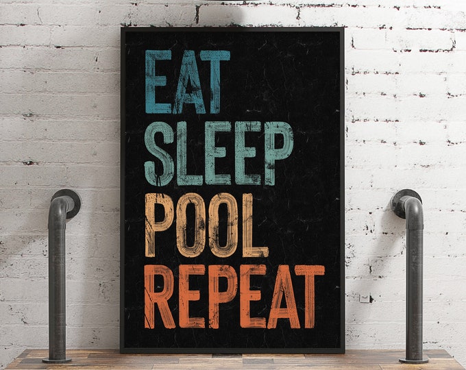 Eat, Sleep, Pool, Repeat Sign on Black, Retro Pool Canvas Prints, Gift for Pool Owner, Fun Vintage Pool Patio Art, Green, Yellow, Red, Blue