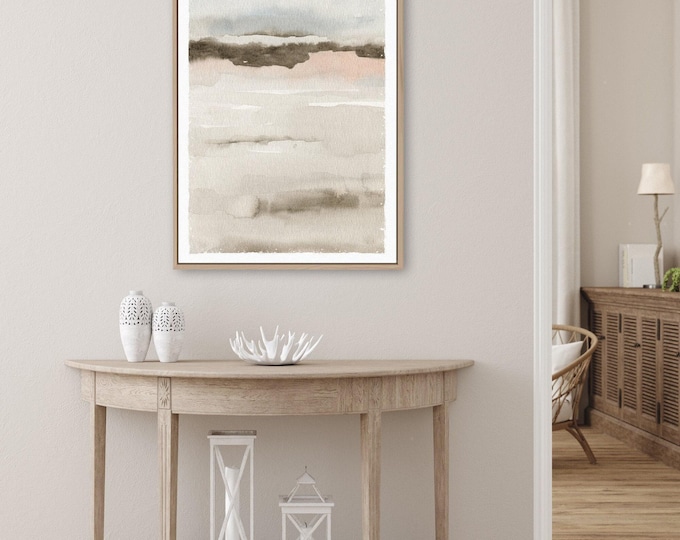 Soft Neutral Art Print, Blush Sunrise Coastal Watercolor, Calming Bedroom Canvas