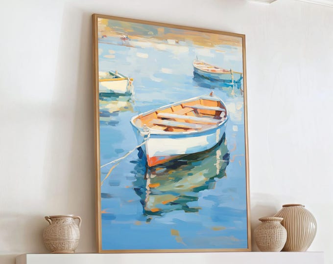 La Dolce Vita Fishing Print, Moored Rowboats On Soft Blue Harbor Water