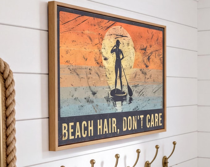 Paddle Board Art, Beach Hair Don't Care Orange Sunset Coastal Print