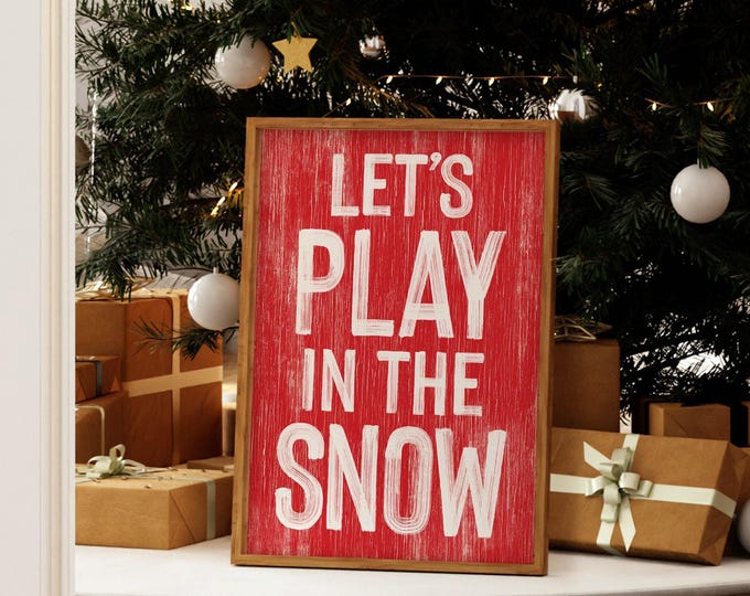 Winter Wall Art, Aged Distressed Wood, Playful Winter Decor, Farmhouse Holiday Sign, Snow Themed Wall Hanging, Bright Red Accent