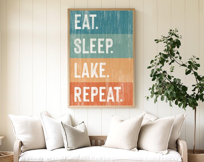 Sleep Lake Repeat Sign, Teal Ochre and Terracotta Color Block Wall Art, Cabin Gift