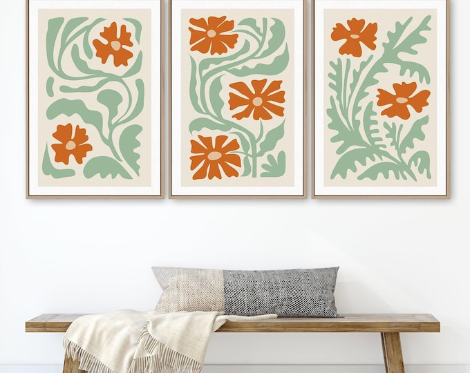 Abstract Floral Triptych Wall Art, Unique Neutral Gift, Flower Painting Decor