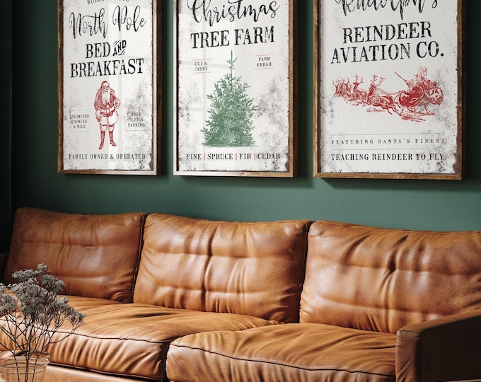 Reindeer Decor, Set of Three North Pole Signs with a Bed and Breakfast and Tree Farm