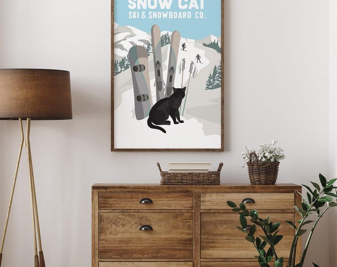 Snow Cat Ski and Snowboard Co Poster, Black Cat Sign, Retro Snowboard Winter Wall Art