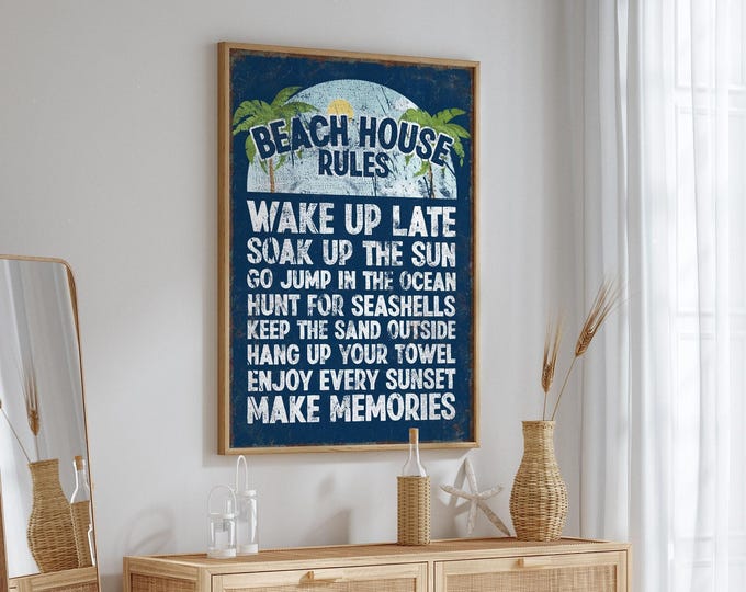 Navy Beach Sign Vintage Rules Print, Palm Tree Coastal Wall Art, Beach House Gift