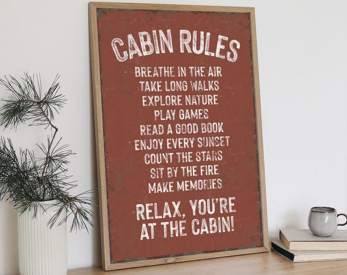 Cabin Rules Sign in Clay Brown, Rustic Lodge Wall Art, Cozy Housewarming Gift for the Mountain Retreat