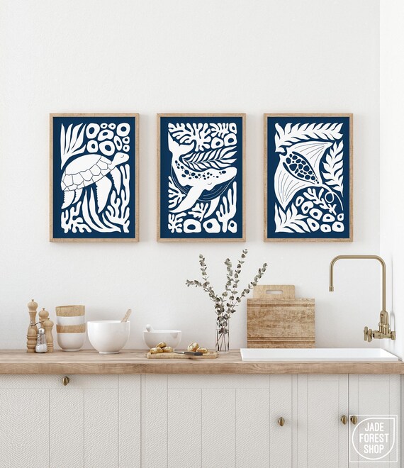 Ocean Triptych Art Turtle Whale Stingray Navy White Wall Art Set