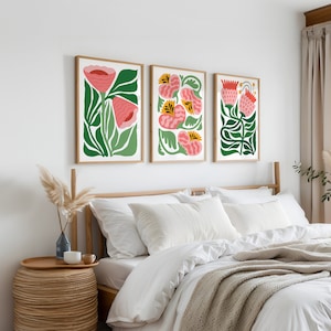 Pink Floral Canvas, 3 Piece Set of Flower Wall Art, Set of 3 Modern Art ...