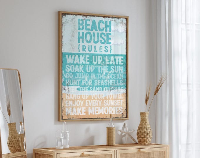 Beach House Rules Sign, Tropical Retro Coastal Print, Vintage Wall Art