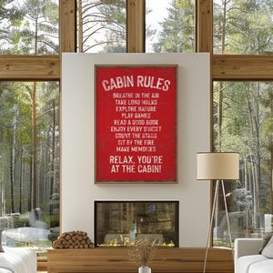 Retro &quot;CABIN RULES&quot; Sign for Vintage Mountain Lodge Decor, Real Red Ski Chalet Wall Art Canvas, Unique Ski Lodge Art Print, Gift for Skier