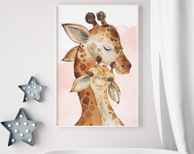 Zoo Animal Nursery Wall Art, Mommy and Baby Giraffe Watercolor Giraffe Calf Print, Gift for Safari Nursery Decor, Cute Kids Room Decoration