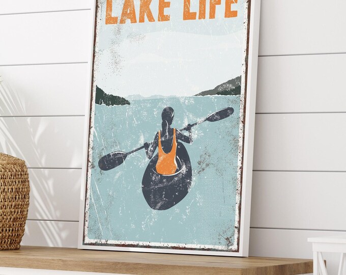 Kayak Lover Decor, Vintage Lake Life Sign, Female Paddler in Orange and Blue