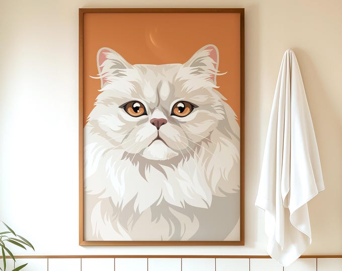 Cat Gift for Dad, White Persian on Terracotta, Fluffy Feline Pop Art Wall Decor, Pet Print