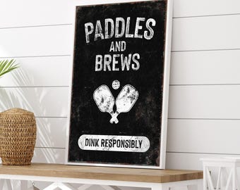 Mancave Decor, Vintage Pickleball Paddles and Brews Wall Art, Mancave Sign