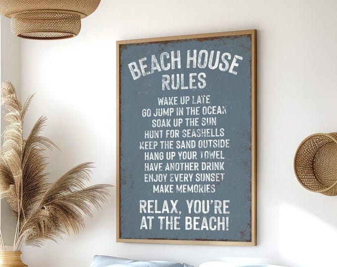 vintage "BEACH HOUSE RULES" sign, Harbor Blue beach print, coastal beach house decor, distressed beach house gift, vacation rental decor
