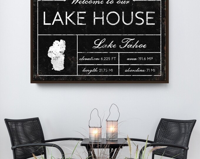 Welcome to our LAKE HOUSE sign, vintage Lake Tahoe canvas for above couch, extra large framed modern farmhouse decor wall art, lake decor
