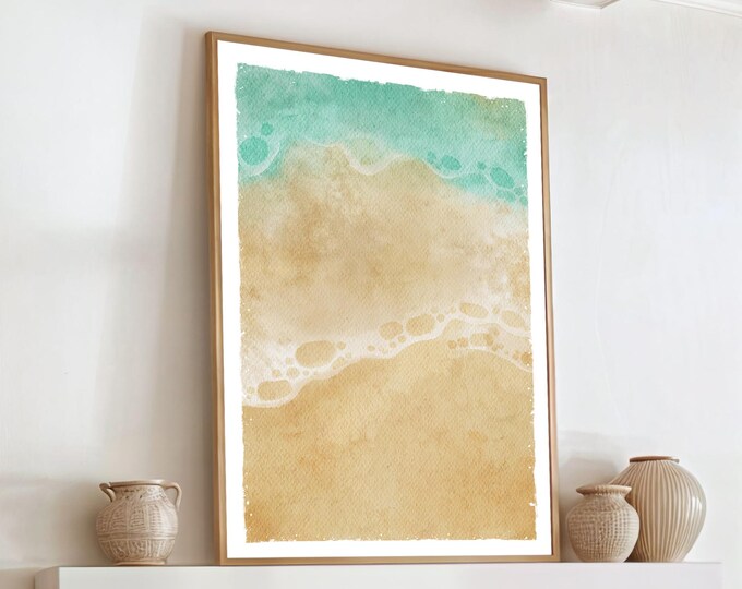 Hanging Sign for Beach House, Abstract Watercolor Shoreline Print, Boho Coastal Wave Art