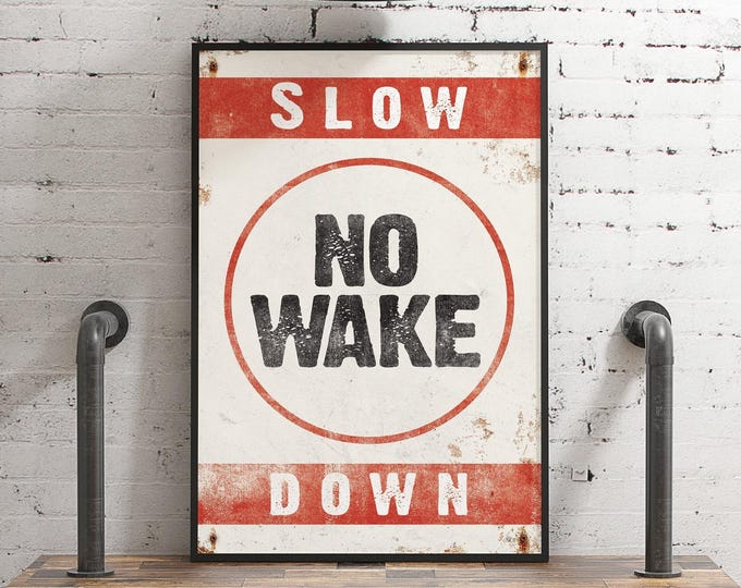 Rustic NO WAKE Canvas Prints, Retro Nautical Wall Decor, Unique Gift for Boat Owner, Red Vintage Lake Posters, Slow Down No Wake Sign