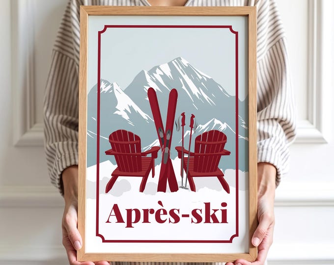 Ski Canvas, Apres Ski Adirondack Chairs in Maroon on Grey Blue, Lodge Cabin Wall Art