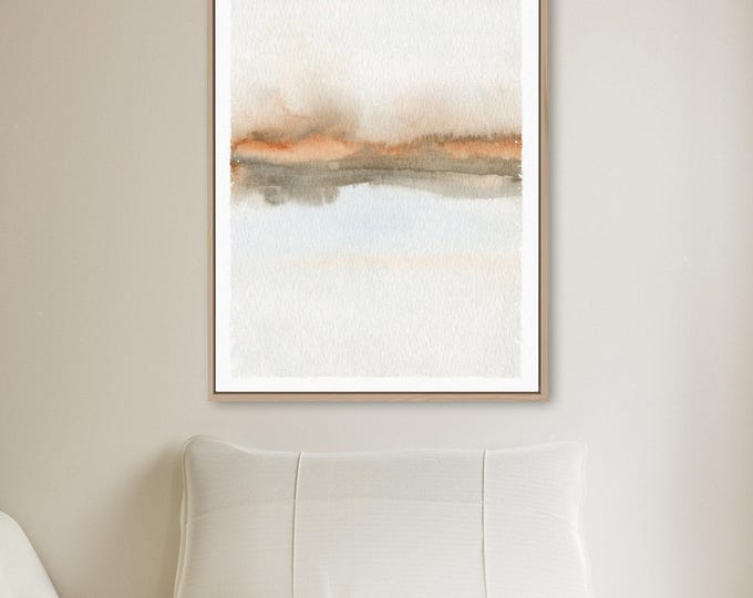 Water Art Canvas, Warm Neutral Watercolor Horizon with Rust Orange Sky, Calming Coastal Decor