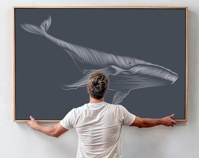 Blue Gray Whale Canvas Print, Charcoal Navy Abstract Ocean Art, Float Framed Coastal Decor