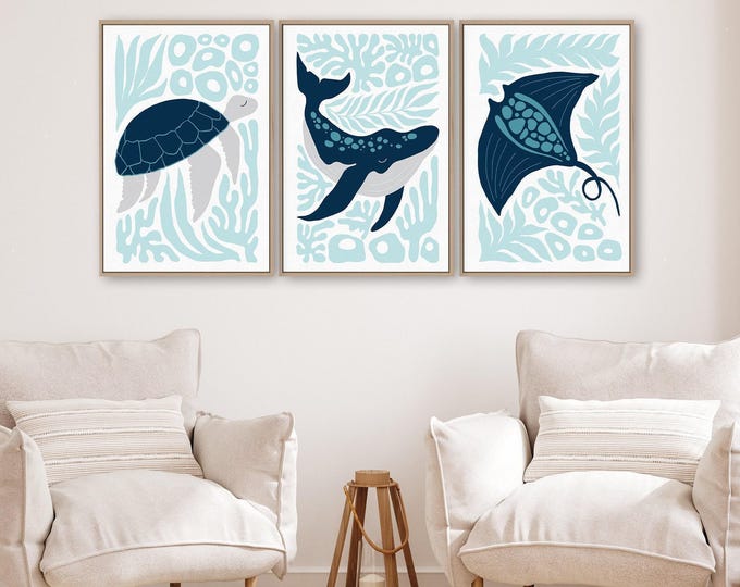 Sea Turtle Art Triptych, Whale and Stingray Set of 3 Prints, Light Blue Coastal Ocean Decor