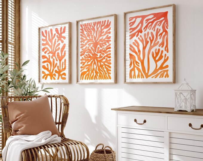 Modern farmhouse ocean art, terracotta coral triptych, set of three framed panels in orange on white