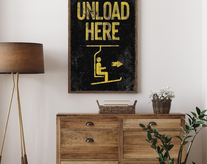 vintage black "unload here" ski sign > extra large canvas or aluminum, oversized wall art for above couch, retro skiing lodge decor