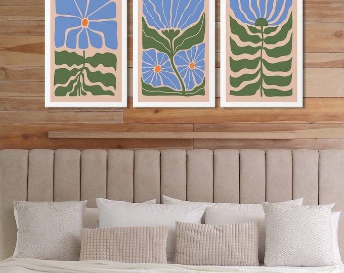Triptych Wall Art, Abstract Wall Art, Flower Art, 3 Piece Framed Set, Flower Print Set