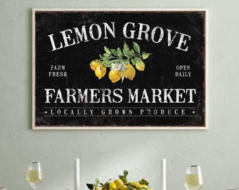 Lemon Grove Farmers Market Sign, Vintage Citrus Kitchen Wall Art