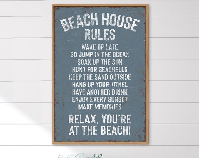 Beach Rules Decor Sign, Harbor Slate Blue Vintage Farmhouse Print, Coastal Wall Canvas