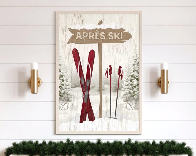 Apres Ski Sign Print, Cream and Maroon Cabin Wall Art, Winter Birthday Gift
