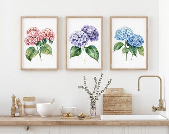 アジサイのウォールアートセット – ピンク、ブルー、パープルの花柄三連画
