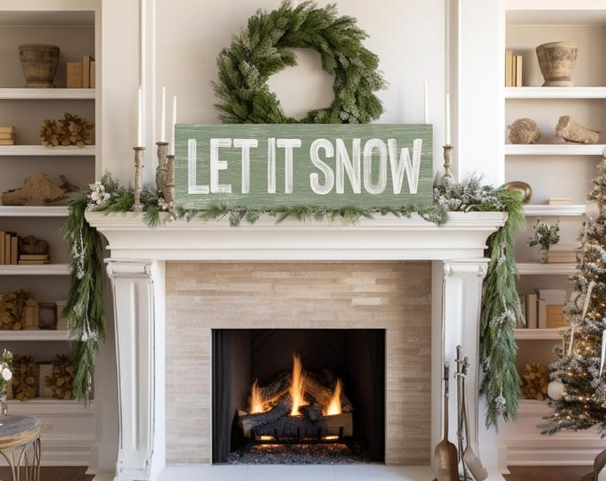 Boho Let It Snow Sign, Calm Neutral Green Wall Art, Winter Cabin Decor Print, Wide Sign for Above Door, Cute Christmas Phrase Word Art