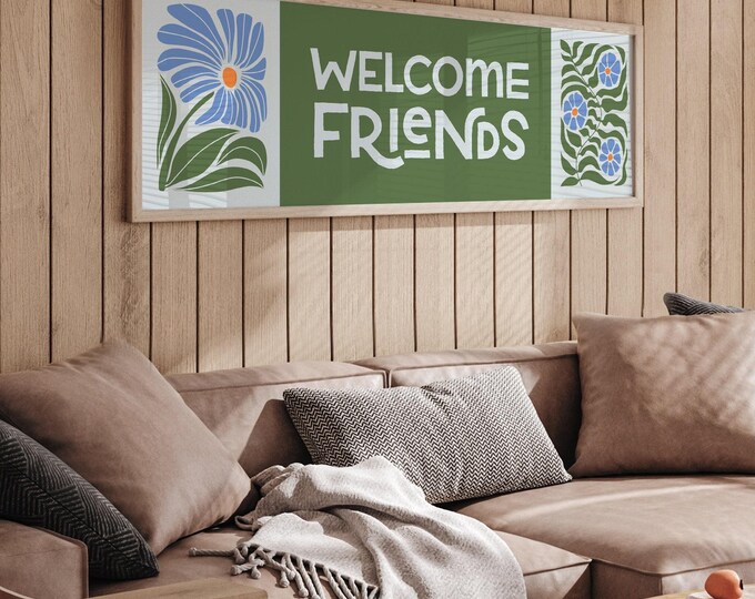 Boho Abstract Flower Wall Art • Retro Floral WELCOME FRIENDS Sign • Modern Spring Decor, Grass Green, Vibrant Blue Tones