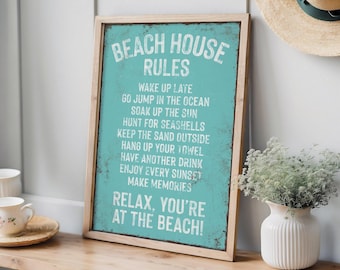 vintage "BEACH HOUSE RULES" sign, aqua blue beach print, coastal beach house decor, beach house gift for her, vacation rental beach decor