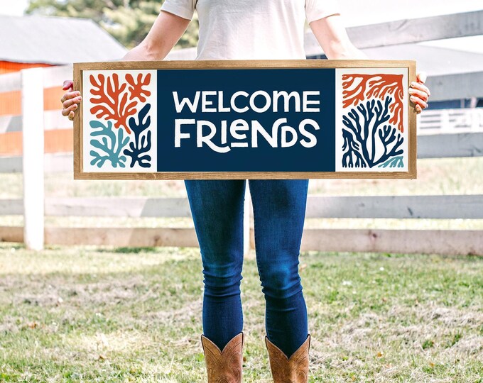 Welcome friends coral reef outdoor sign, navy and white block canvas for a patio, waterproof aluminum print