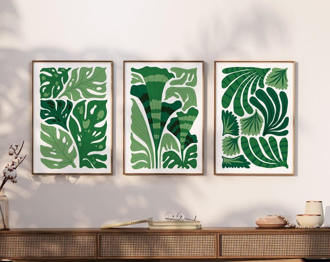 Palm Leaves Wall, Boho Green Jungle Triptych for Office